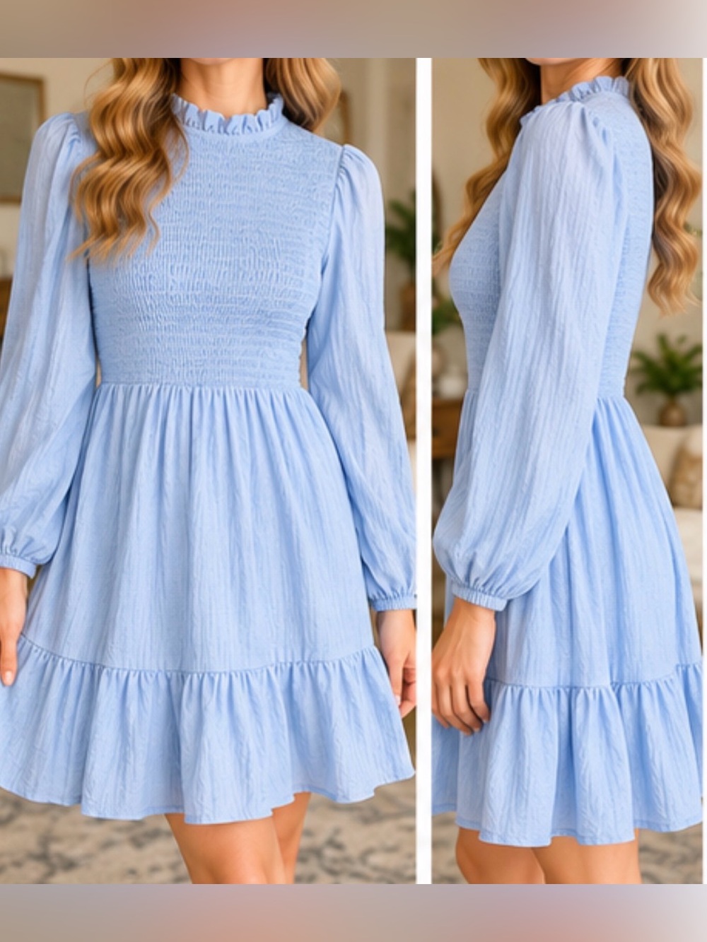 Medium Women’s Blue Smocked Mini Dress Long Sleeve Ruffle Neckline Tiered / boHo